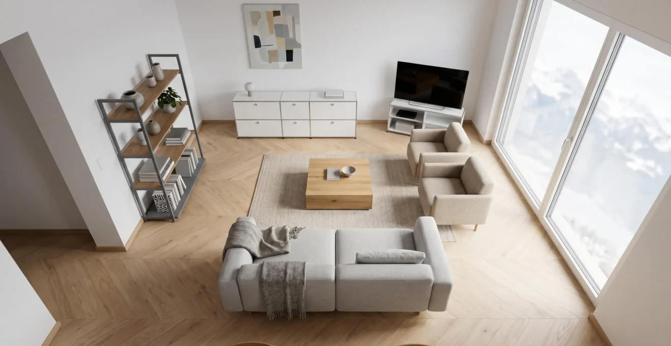 Vue aérienne d'un séjour suisse moderne de 32 m² avec 12 meubles disposés selon des couloirs de circulation de 80 cm clairement visibles