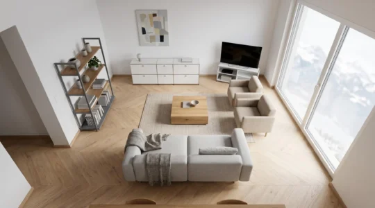 Vue aérienne d'un séjour suisse moderne de 32 m² avec 12 meubles disposés selon des couloirs de circulation de 80 cm clairement visibles