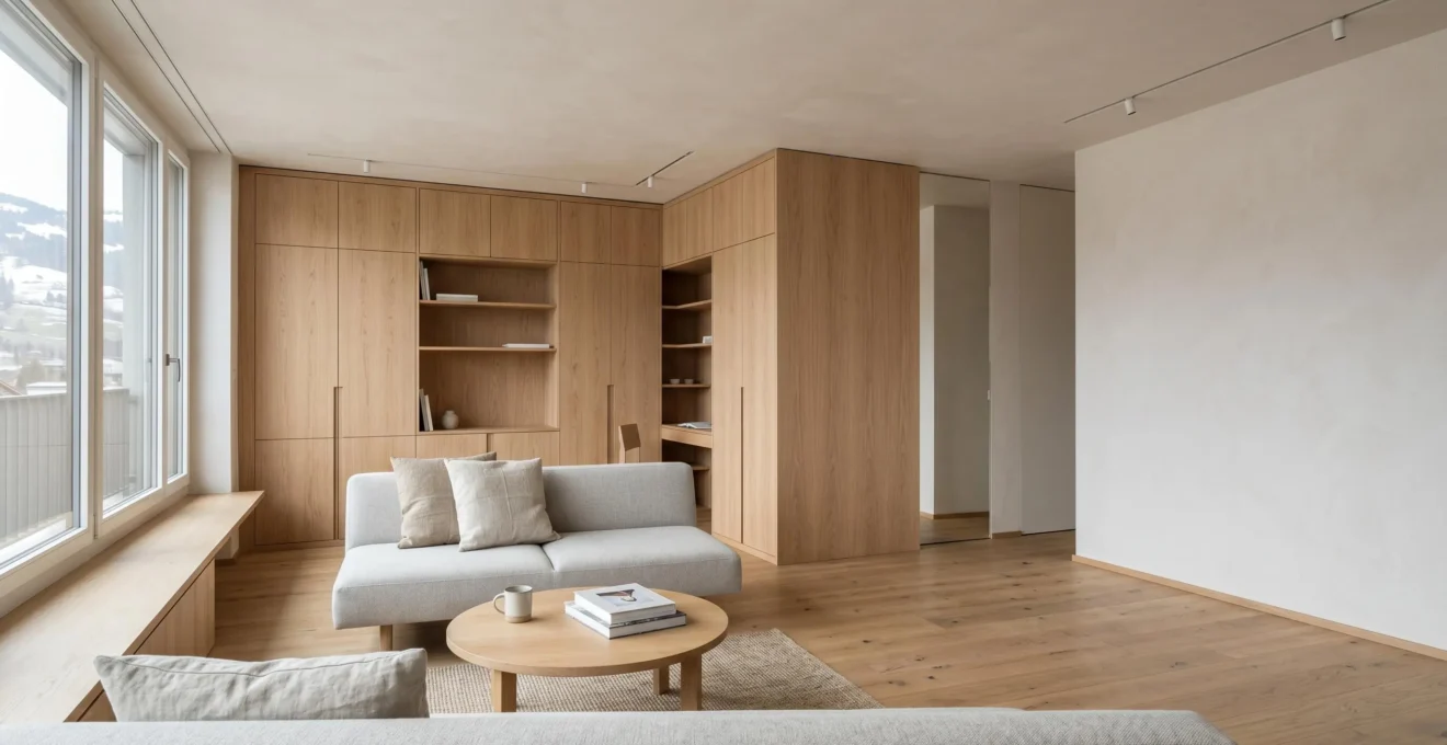 Intérieur d'un appartement moderne de 72 m² avec aménagements sur-mesure en bois, optimisant chaque espace de rangement
