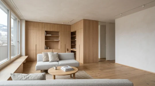 Intérieur d'un appartement moderne de 72 m² avec aménagements sur-mesure en bois, optimisant chaque espace de rangement