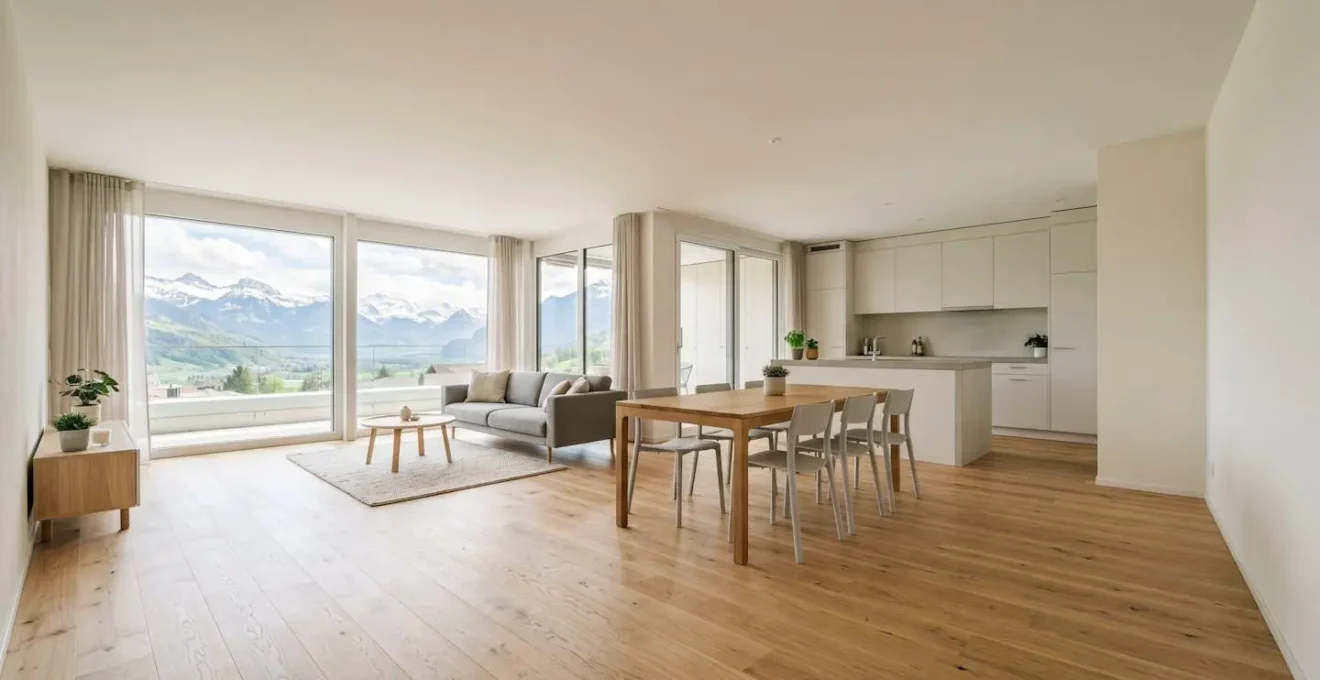 Intérieur moderne d'appartement suisse avec espace ouvert et lumière naturelle maximisée