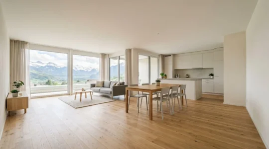 Intérieur moderne d'appartement suisse avec espace ouvert et lumière naturelle maximisée