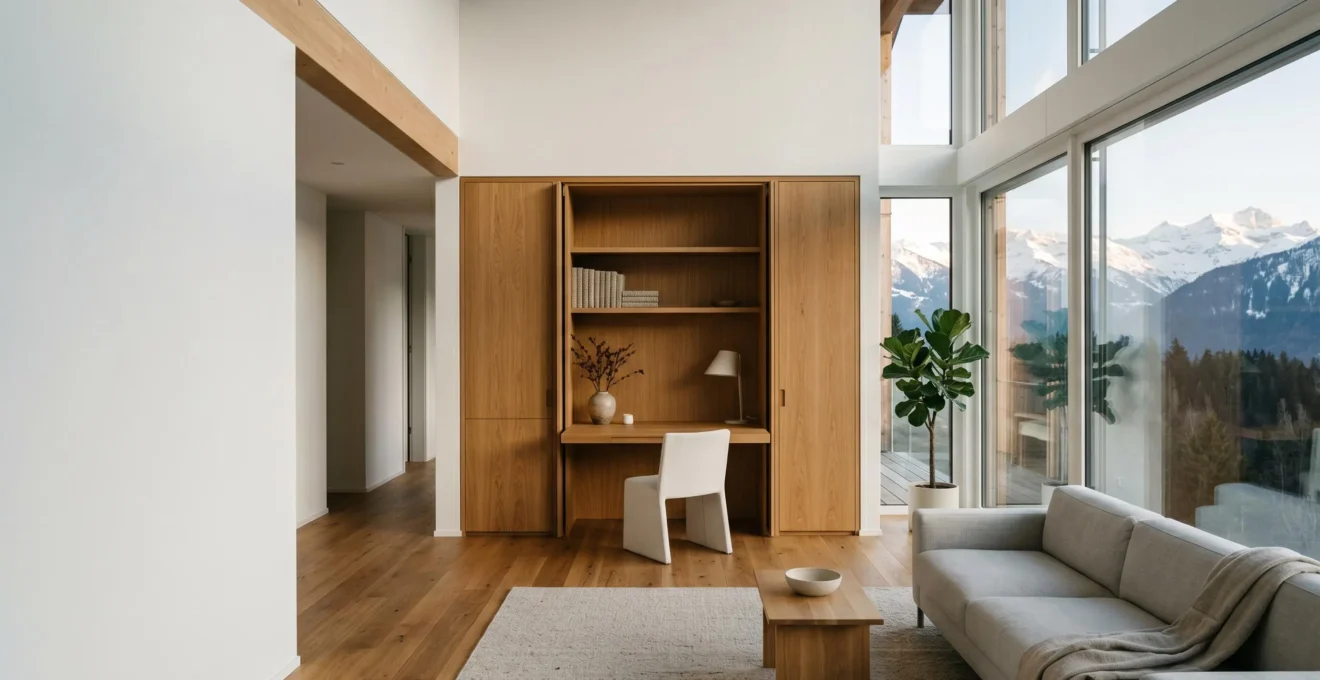 Espace de vie moderne avec bureau escamotable intégré dans le séjour
