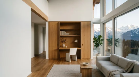 Espace de vie moderne avec bureau escamotable intégré dans le séjour