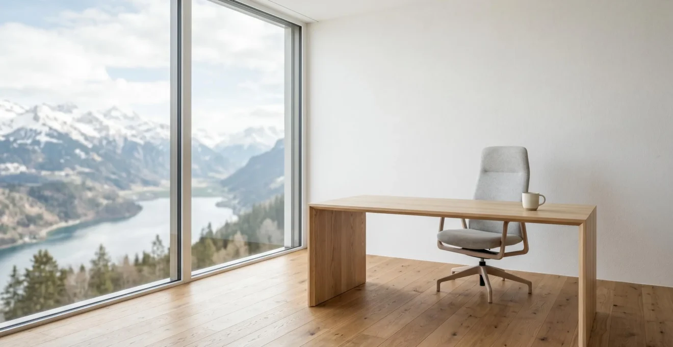 Espace de travail minimaliste et lumineux avec vue sur paysage alpin, mettant en valeur la serenite et la concentration