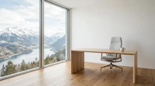 Espace de travail minimaliste et lumineux avec vue sur paysage alpin, mettant en valeur la serenite et la concentration