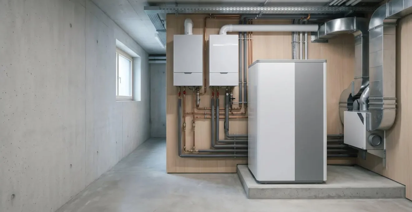Installation technique moderne de chauffage avec pompe à chaleur et système de ventilation dans une maison suisse