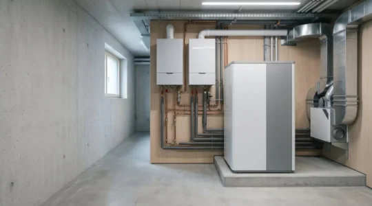 Installation technique moderne de chauffage avec pompe à chaleur et système de ventilation dans une maison suisse