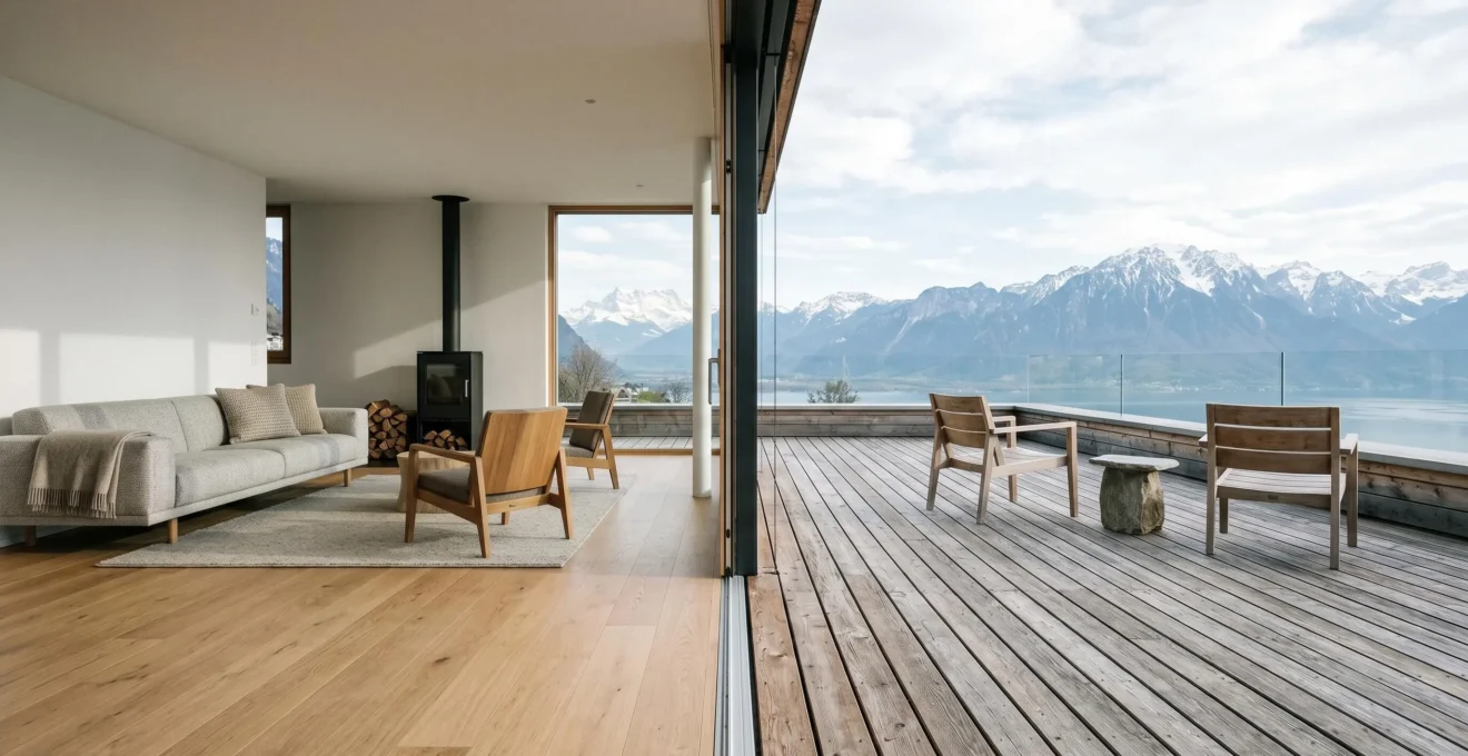 Vue panoramique d'un espace de vie contemporain fusionnant salon intérieur et terrasse extérieure avec grandes baies vitrées