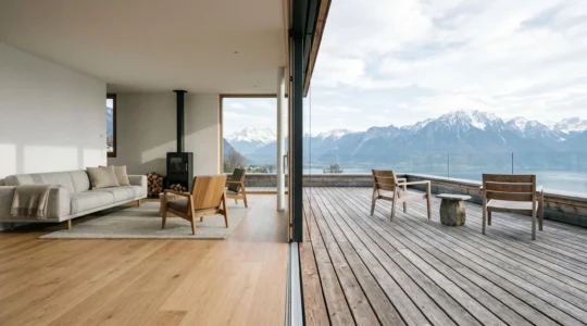 Vue panoramique d'un espace de vie contemporain fusionnant salon intérieur et terrasse extérieure avec grandes baies vitrées