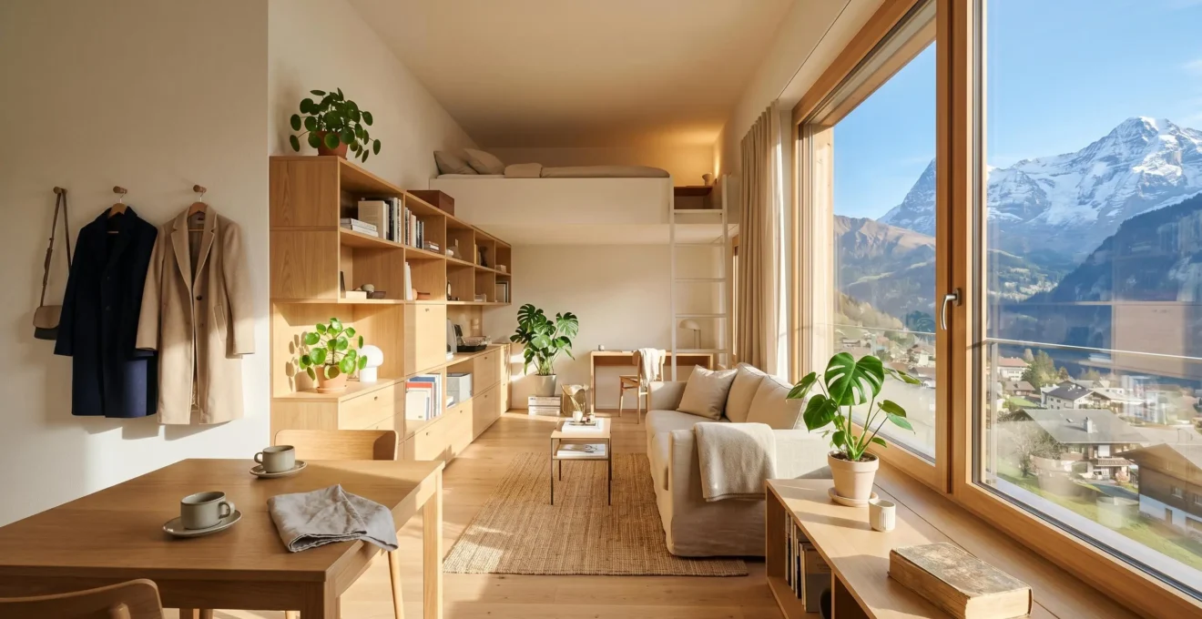 Intérieur d'un studio compact et lumineux aménagé avec intelligence pour deux personnes en Suisse