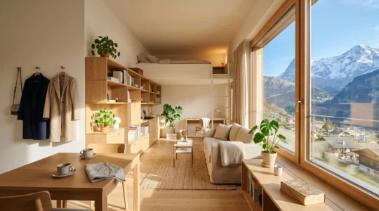 Intérieur d'un studio compact et lumineux aménagé avec intelligence pour deux personnes en Suisse