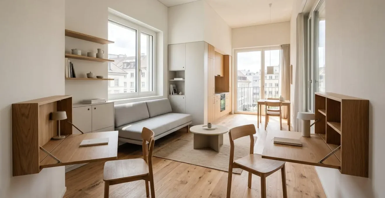 Couple dans un studio moderne optimisé avec meubles multifonctions en Suisse