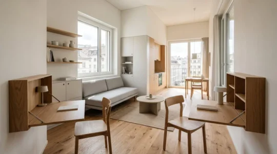 Couple dans un studio moderne optimisé avec meubles multifonctions en Suisse