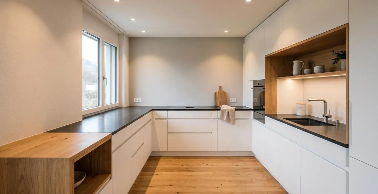 Intérieur de cuisine moderne suisse avec éclairage LED efficace et ambiance chaleureuse