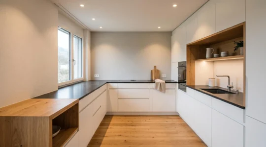 Intérieur de cuisine moderne suisse avec éclairage LED efficace et ambiance chaleureuse