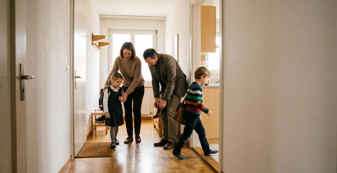 Scène matinale dans un appartement suisse montrant une famille se préparant simultanément dans un espace restreint