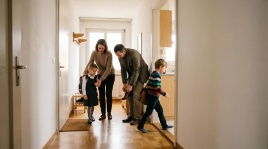 Scène matinale dans un appartement suisse montrant une famille se préparant simultanément dans un espace restreint