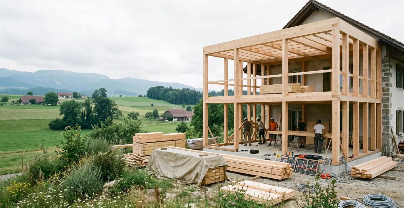 Chantier d'extension de maison en Suisse avec matériaux durables et ossature bois de qualité