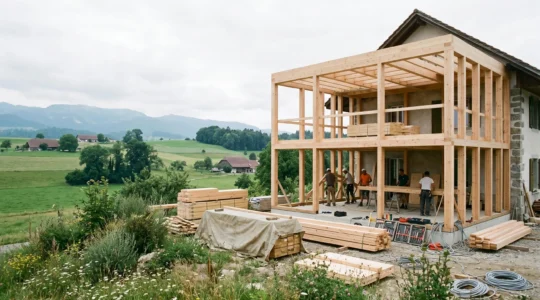 Chantier d'extension de maison en Suisse avec matériaux durables et ossature bois de qualité