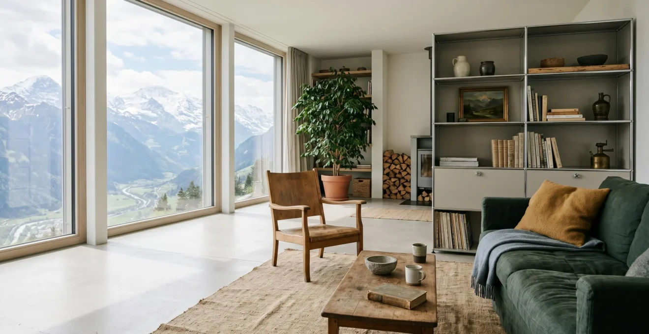 Intérieur suisse contemporain aux tons naturels révélant une identité visuelle cohérente sans effet showroom