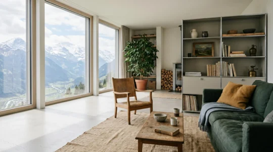 Intérieur suisse contemporain aux tons naturels révélant une identité visuelle cohérente sans effet showroom