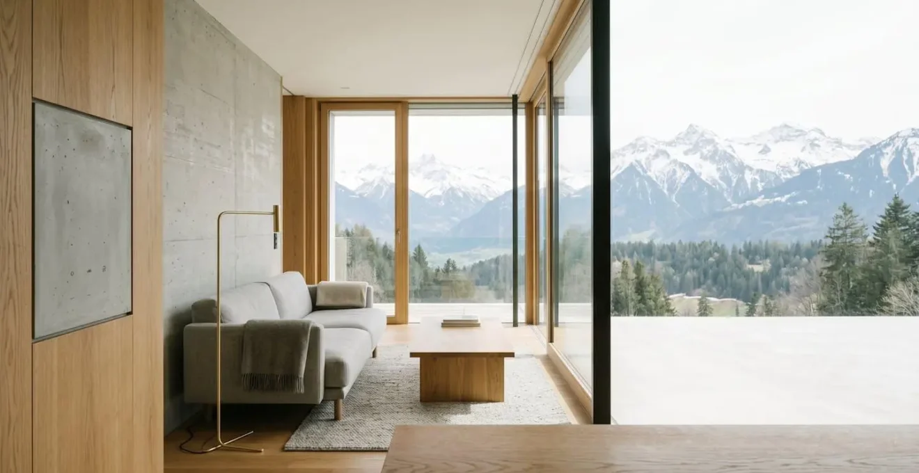 Intérieur suisse épuré avec technologie domotique intégrée de manière invisible dans l'architecture