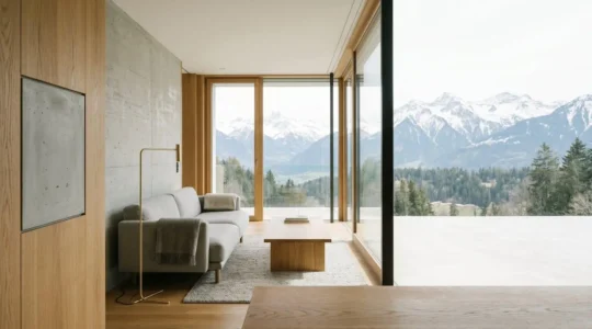 Intérieur suisse épuré avec technologie domotique intégrée de manière invisible dans l'architecture