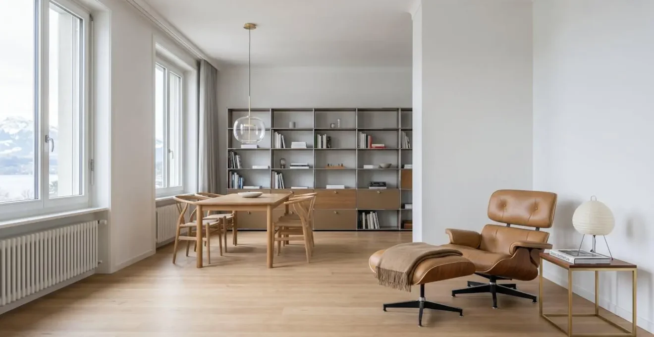 Intérieur suisse moderne structuré autour de trois pièces de mobilier design iconiques créant des zones fonctionnelles distinctes