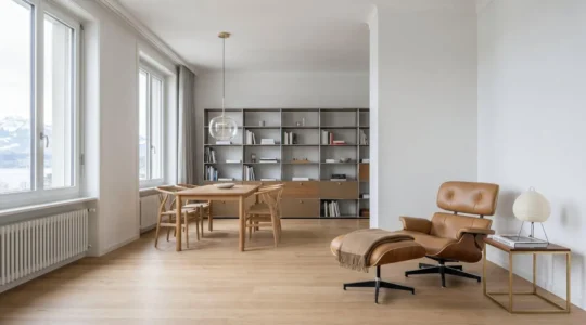 Intérieur suisse moderne structuré autour de trois pièces de mobilier design iconiques créant des zones fonctionnelles distinctes