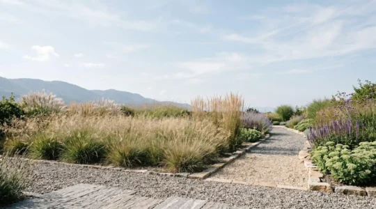 Jardin design contemporain de 120 m² avec graminées ornementales et zones minérales, nécessitant peu d'entretien, dans le paysage suisse