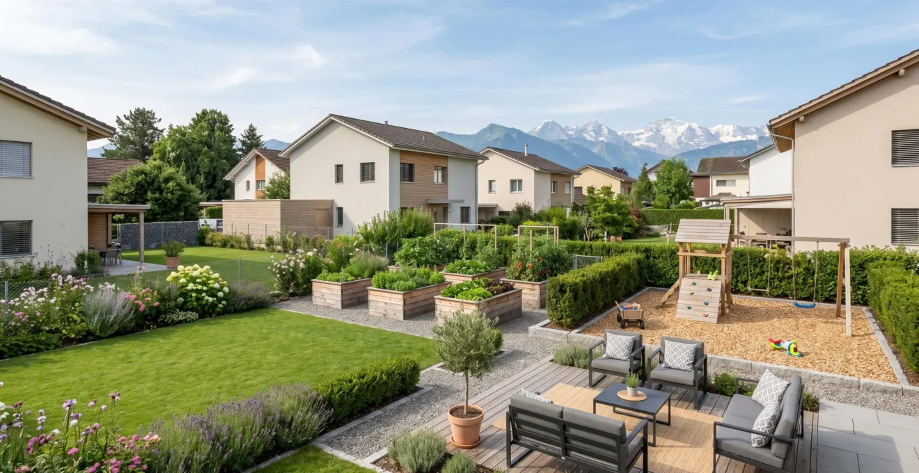 Jardin résidentiel suisse aménagé en quatre zones distinctes sans séparations visuelles abruptes