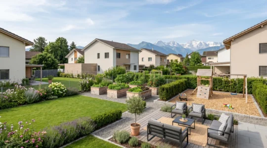 Jardin résidentiel suisse aménagé en quatre zones distinctes sans séparations visuelles abruptes