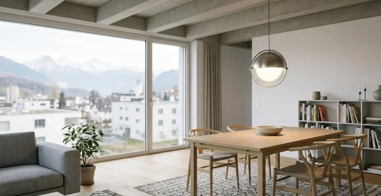 Suspension design iconique illuminant un séjour moderne avec hauteur sous plafond, créant une ambiance lumineuse élégante