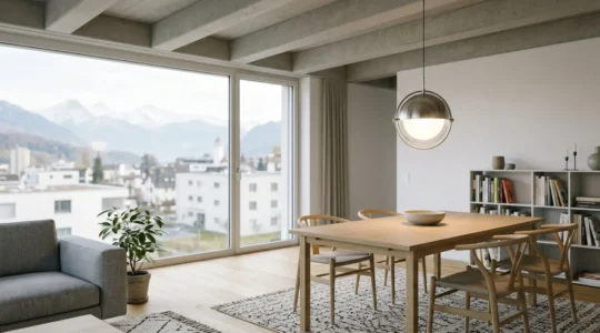 Suspension design iconique illuminant un séjour moderne avec hauteur sous plafond, créant une ambiance lumineuse élégante