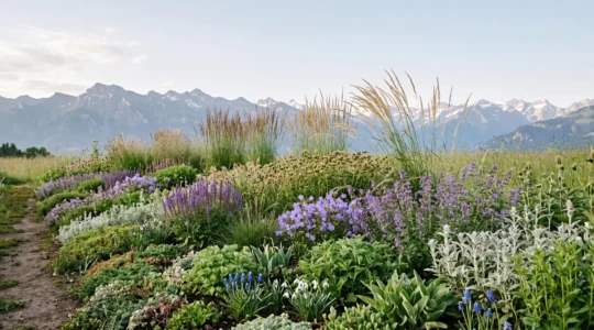 Massif paysager étagé avec graminées persistantes et vivaces fleuries en harmonie naturelle à travers les saisons