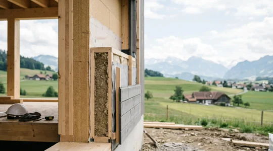 Construction moderne en Suisse avec matériaux durables et certification énergétique