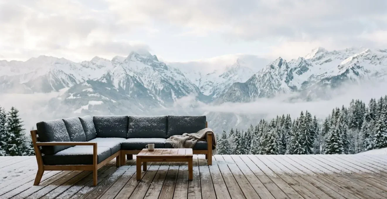 Salon de jardin haut de gamme sur terrasse enneigée avec vue sur les Alpes suisses
