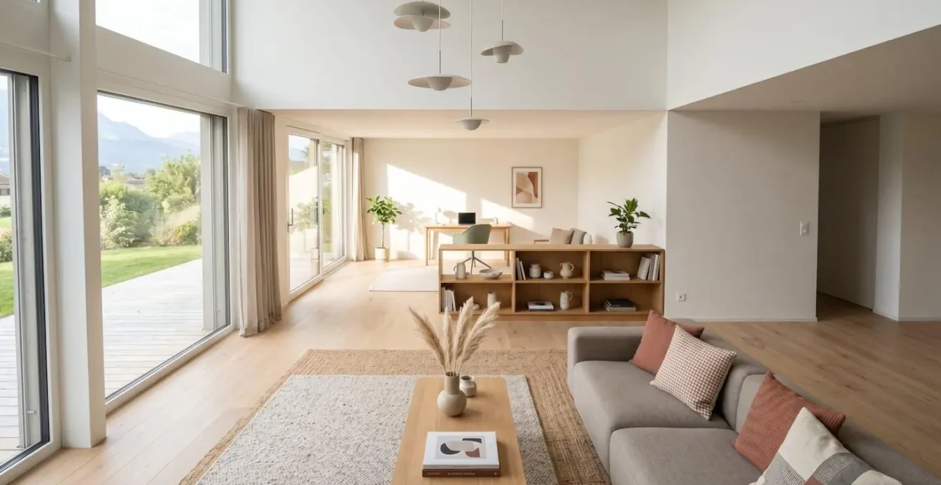 Vue d'ensemble d'un grand espace ouvert lumineux avec des zones distinctes délimitées par des tapis et du mobilier modulaire