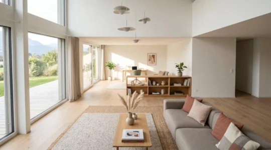 Vue d'ensemble d'un grand espace ouvert lumineux avec des zones distinctes délimitées par des tapis et du mobilier modulaire