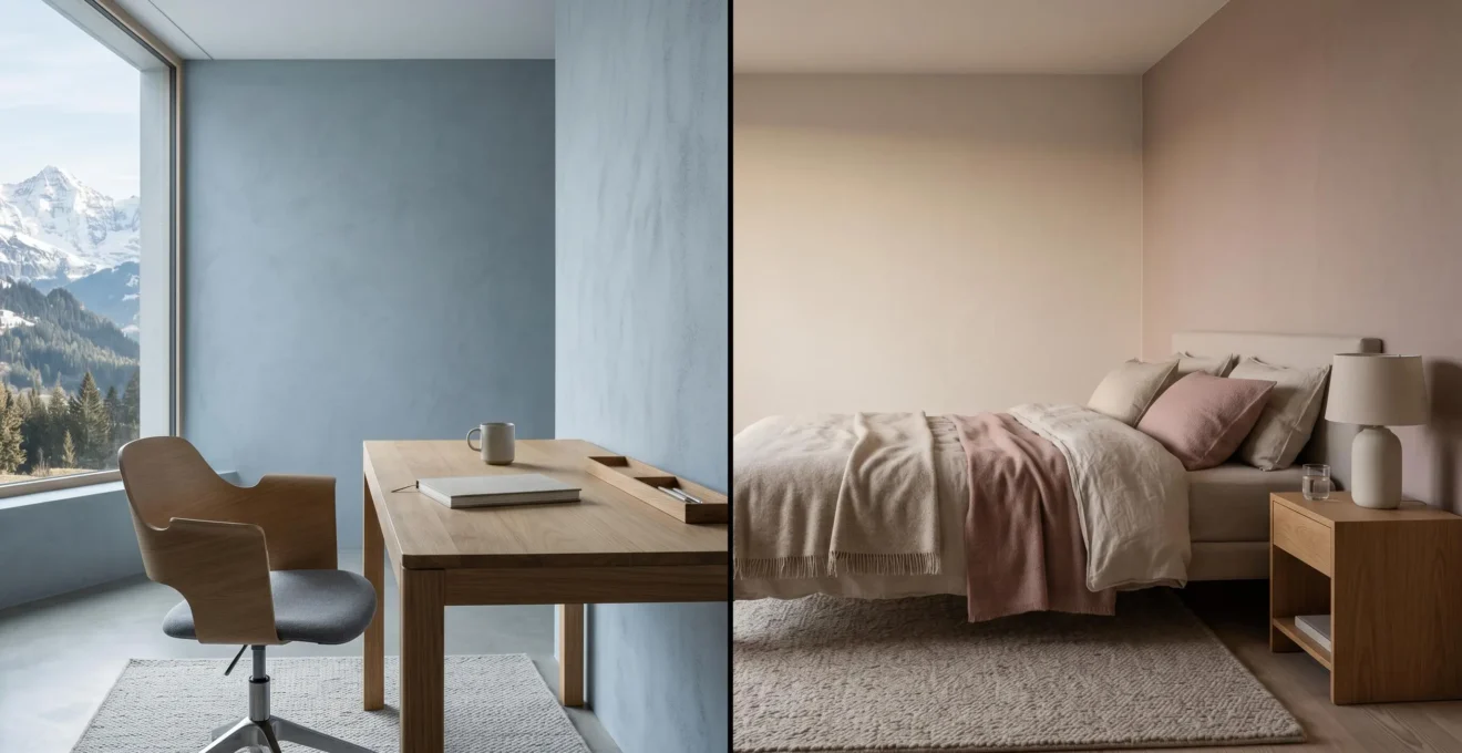 Deux espaces contrastés illustrant l'impact des palettes de couleurs : un bureau moderne aux tons bleu-gris énergisants et une chambre aux teintes douces apaisantes