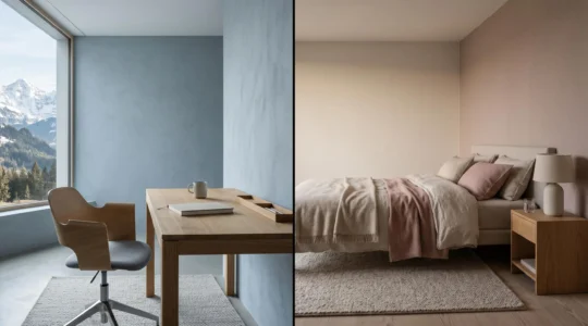 Deux espaces contrastés illustrant l'impact des palettes de couleurs : un bureau moderne aux tons bleu-gris énergisants et une chambre aux teintes douces apaisantes