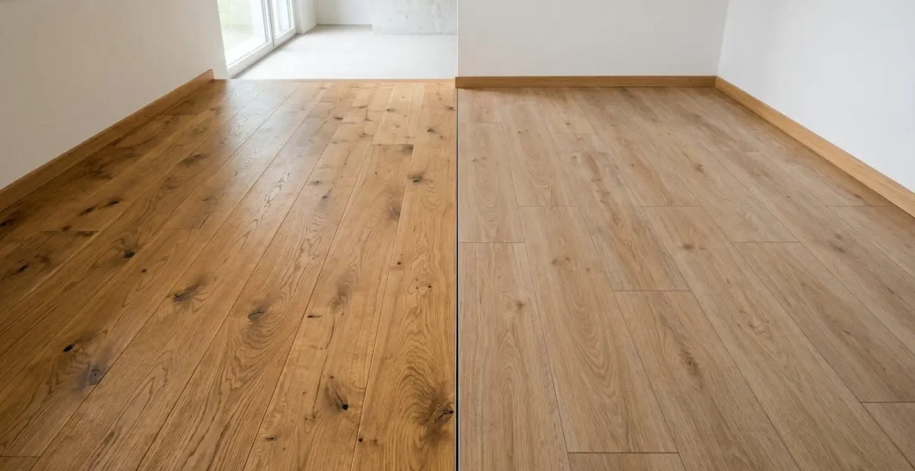 Comparaison visuelle entre un parquet en chêne massif noble et un revêtement stratifié, illustrant le choix d'investissement immobilier