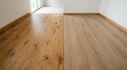 Comparaison visuelle entre un parquet en chêne massif noble et un revêtement stratifié, illustrant le choix d'investissement immobilier