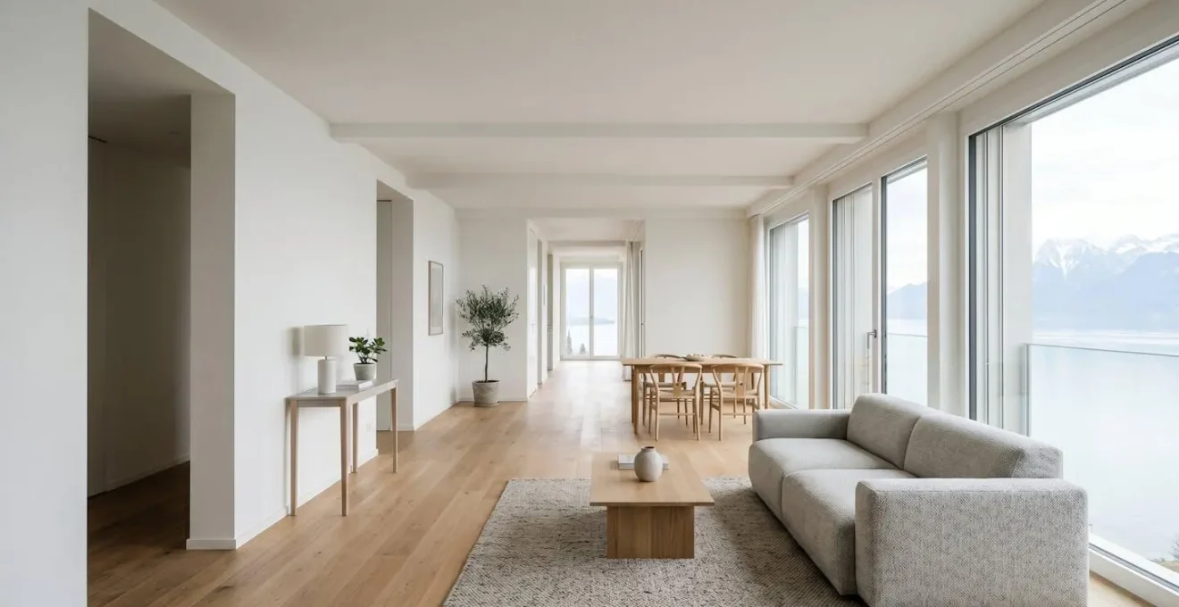 Vue grand angle d'un appartement suisse moderne avec lignes directrices visuelles créant une profondeur accentuée