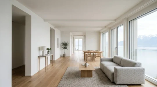 Vue grand angle d'un appartement suisse moderne avec lignes directrices visuelles créant une profondeur accentuée