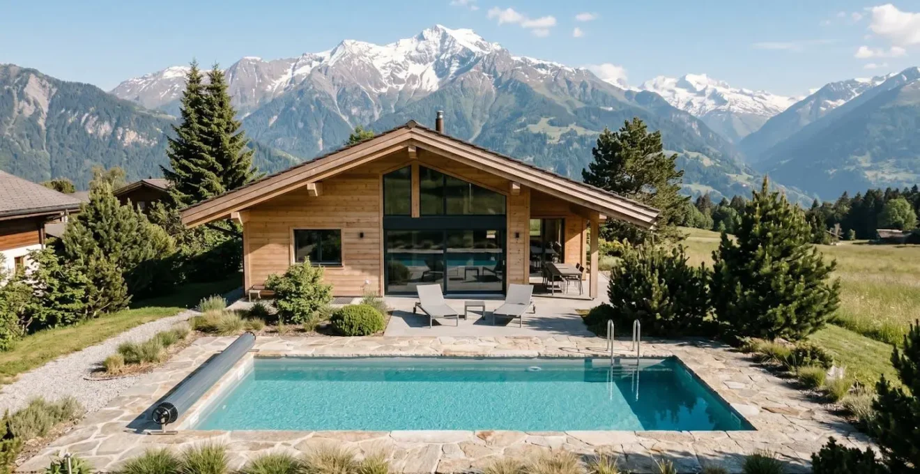 Vue aérienne d'une piscine enterrée rectangulaire de 32 m² dans un jardin suisse avec montagnes alpines en arrière-plan