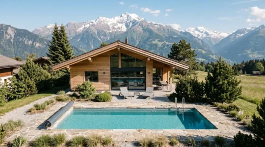 Vue aérienne d'une piscine enterrée rectangulaire de 32 m² dans un jardin suisse avec montagnes alpines en arrière-plan