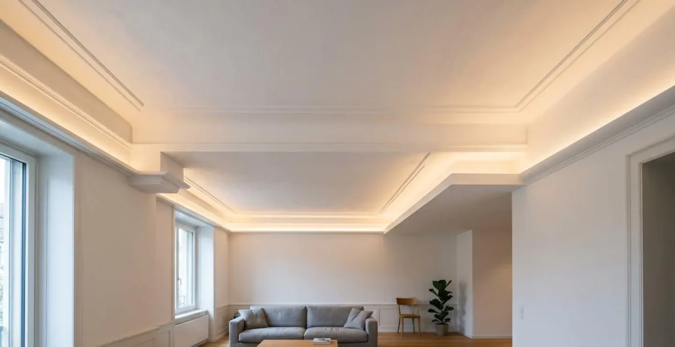 Plafond contemporain sublimé par un éclairage indirect créant des volumes architecturaux sculptés dans un intérieur suisse raffiné