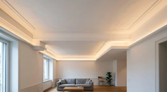 Plafond contemporain sublimé par un éclairage indirect créant des volumes architecturaux sculptés dans un intérieur suisse raffiné